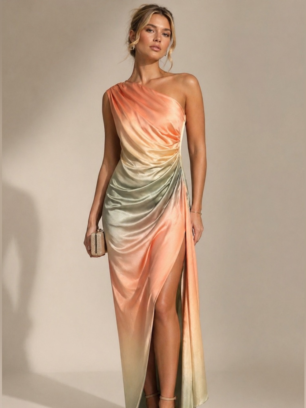 Elliatt One-Shoulder Ombre Peach, Coral & Sage Midi Dress